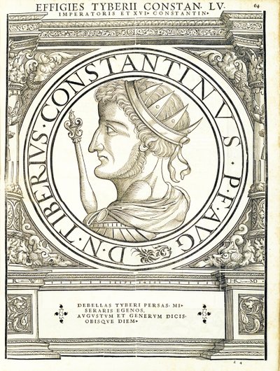 Tiberio Costantino, illustrazione da Imperatorum romanorum omnium orientalium et occidentalium verissimae imagines ex antiquis numismatis, xilografia di Rudolph Wyssenbach, stampata da Andreas Gesner, Zurigo da Hans Rudolf Manuel Deutsch